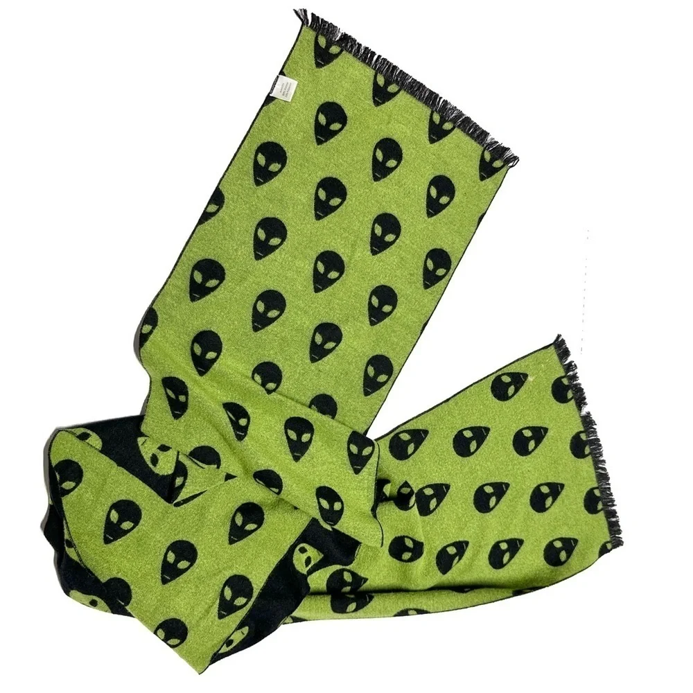 Alien Heads Soft Scarf Green Black Fringe 69.5 x 11.75 inches Sci Fi Space